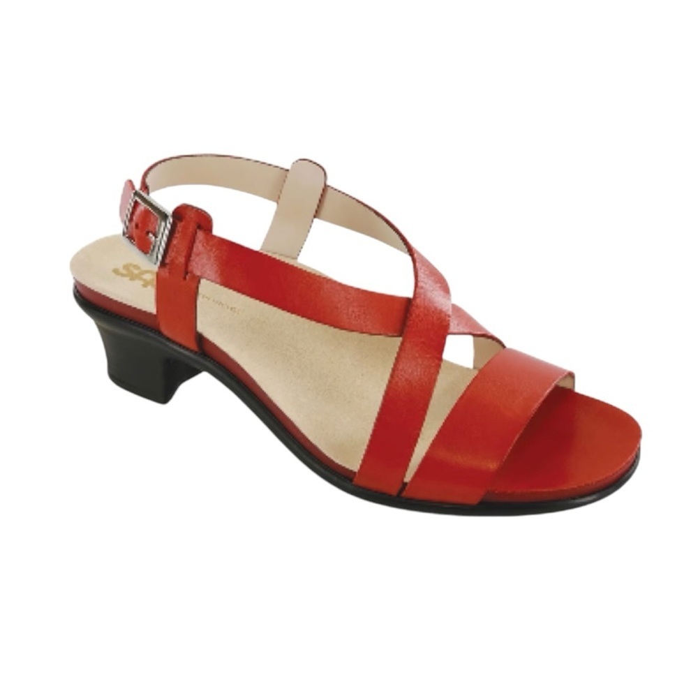 SAS Noveau Cross Strap Red Leather Sandals Women’s Size 8 Heeled Cushion Comfort